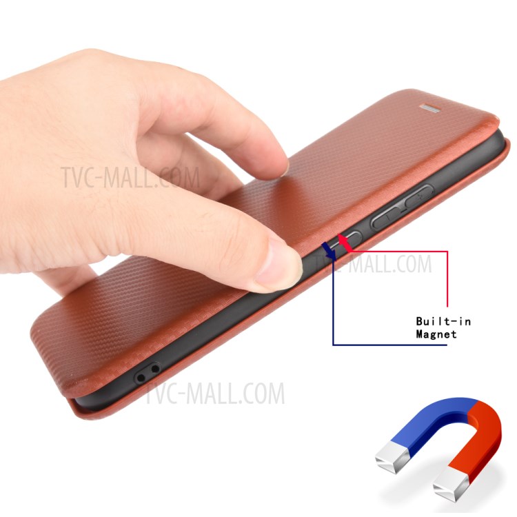 Carbon Fiber Auto-absorbed Stand Leather Mobile Case for iPhone 12 Pro/12 - Brown-8