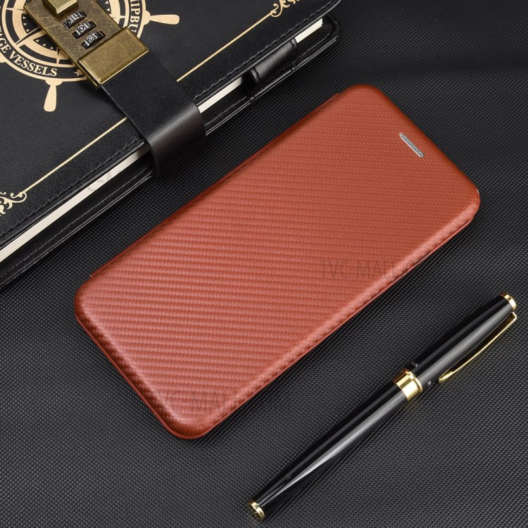 Carbon Fiber Auto-absorbed Stand Leather Mobile Case for iPhone 12 Pro/12 - Brown-9