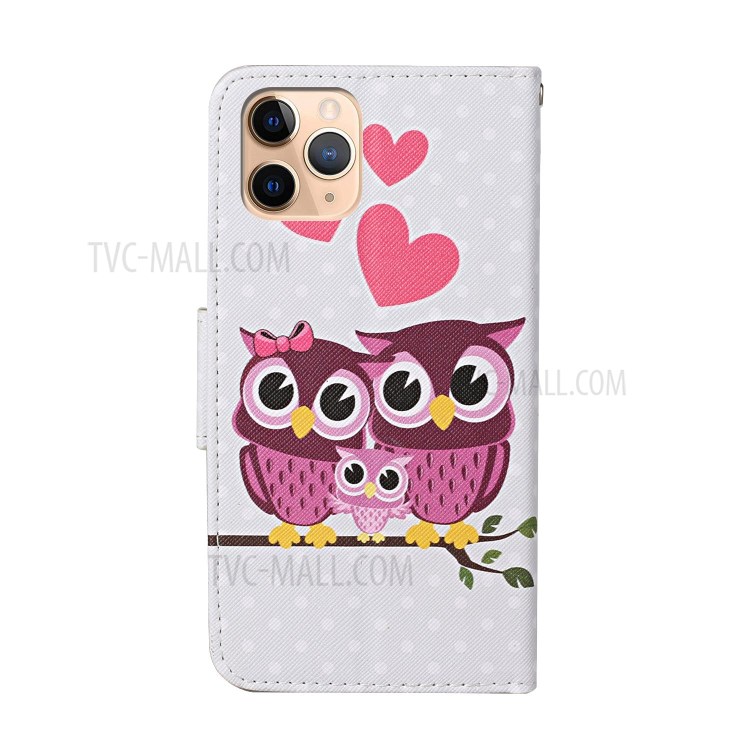 Pattern Printing Case PU Leather Wallet Shell with Stand for iPhone 12 mini - Owl Family-2