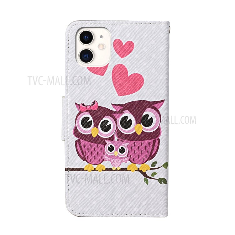 Pattern Printing Wallet Leather Mobile Phone Case for iPhone 12 Pro/12 - Owls and Hearts-2