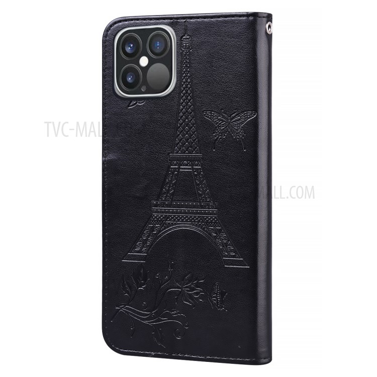 Flower and Tower Pattern Printing Leather Wallet Case with Stand for iPhone 12 Pro Max 6.7-inch - Black-3