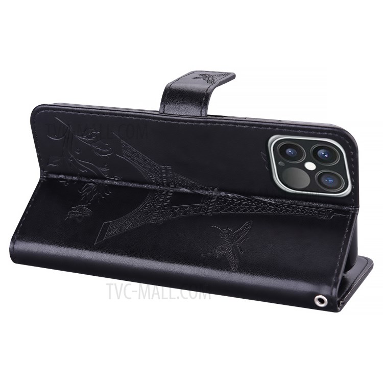 Flower and Tower Pattern Printing Leather Wallet Case with Stand for iPhone 12 Pro Max 6.7-inch - Black-4