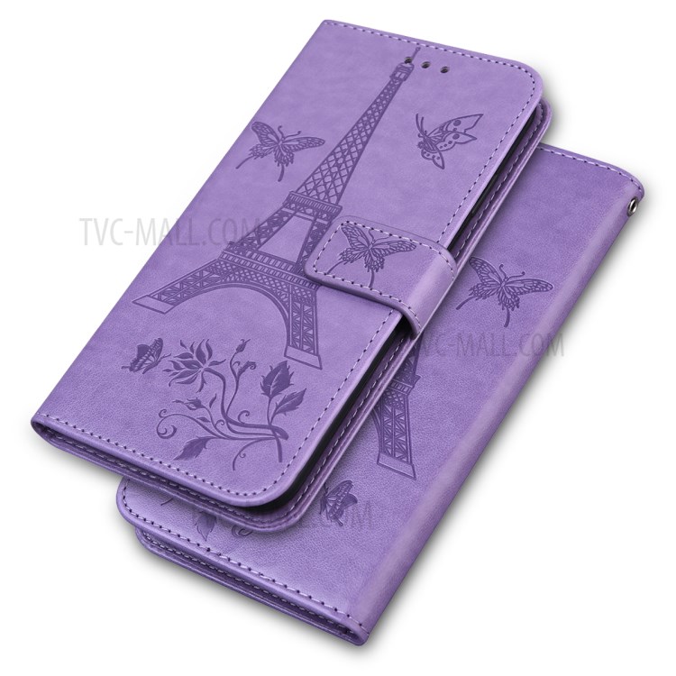 Imprinted Flower and Tower Pattern Leather Wallet Case with Stand for iPhone 12 Pro Max 6.7-inch - Purple-1