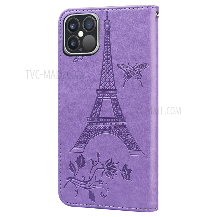 Imprinted Flower and Tower Pattern Leather Wallet Case with Stand for iPhone 12 Pro Max 6.7-inch - Purple-2