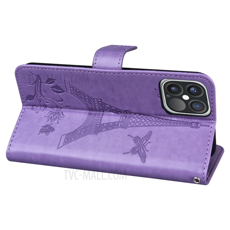 Imprinted Flower and Tower Pattern Leather Wallet Case with Stand for iPhone 12 Pro Max 6.7-inch - Purple-3