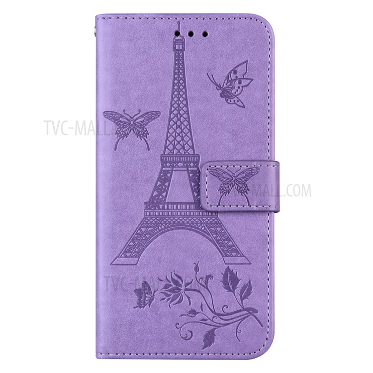 Imprinted Flower and Tower Pattern Leather Wallet Case with Stand for iPhone 12 Pro Max 6.7-inch - Purple-4