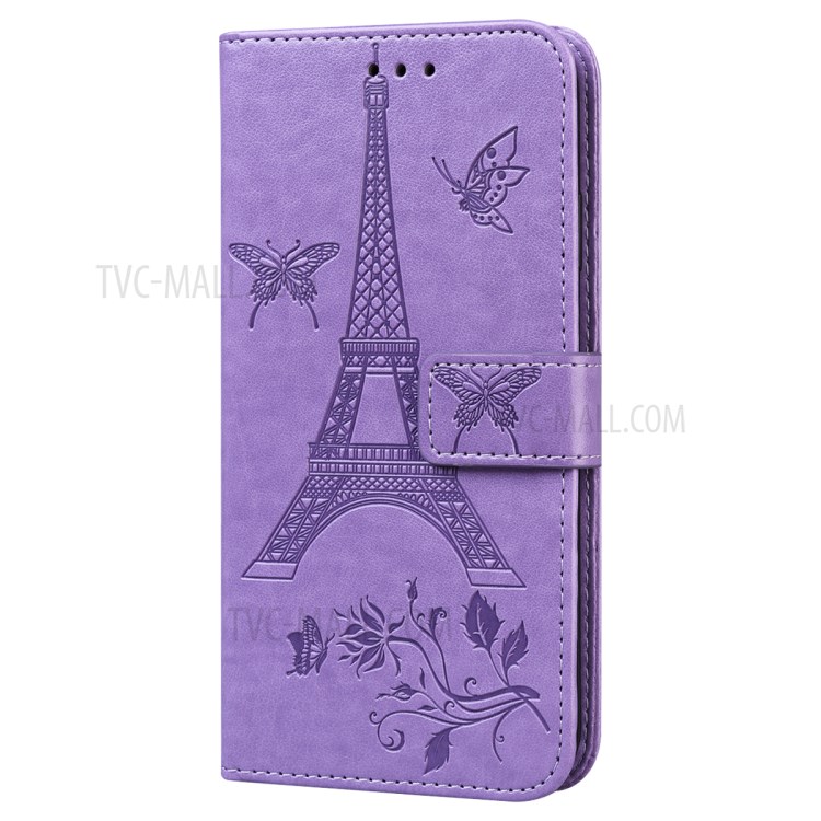 Imprinted Flower and Tower Pattern Leather Wallet Case with Stand for iPhone 12 Pro Max 6.7-inch - Purple-5