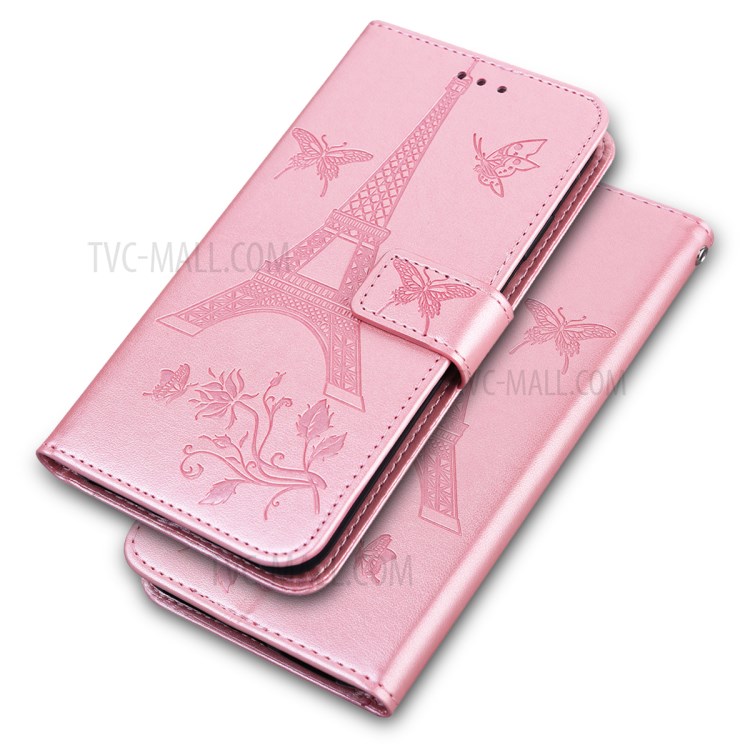Imprinted Flower and Tower Pattern Leather Wallet Case with Stand for iPhone SE (2nd Generation) / 8 / 7 4.7-inch - Rose Gold-1