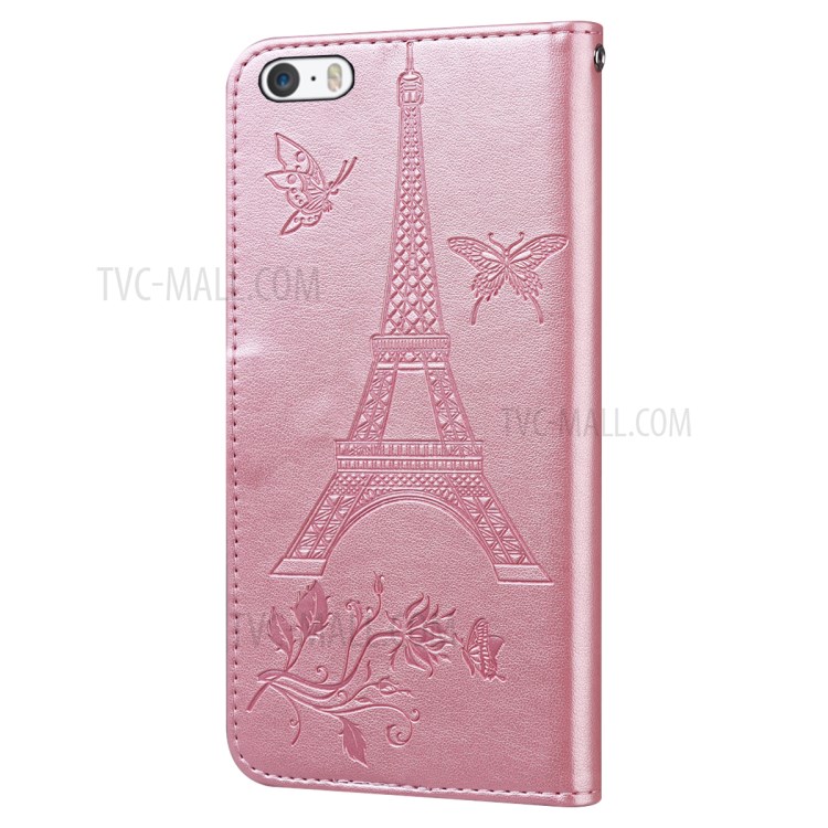 Imprinted Flower and Tower Pattern Leather Wallet Case with Stand for iPhone SE (2nd Generation) / 8 / 7 4.7-inch - Rose Gold-3