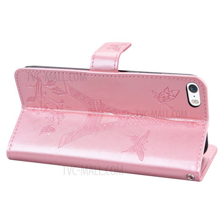 Imprinted Flower and Tower Pattern Leather Wallet Case with Stand for iPhone SE (2nd Generation) / 8 / 7 4.7-inch - Rose Gold-4