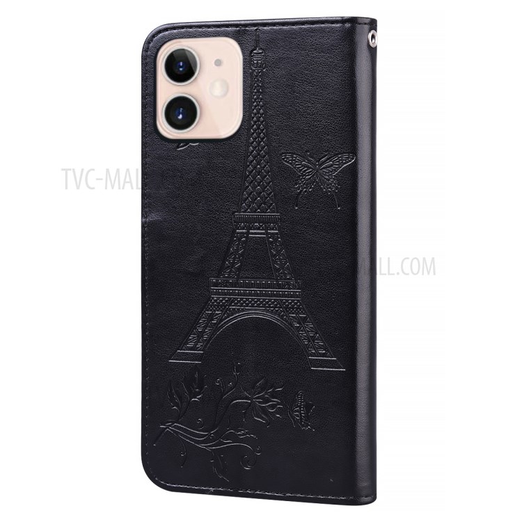 Flower and Tower Pattern Printing Leather Wallet Case with Stand for iPhone 12 5.4-inch - Black-3