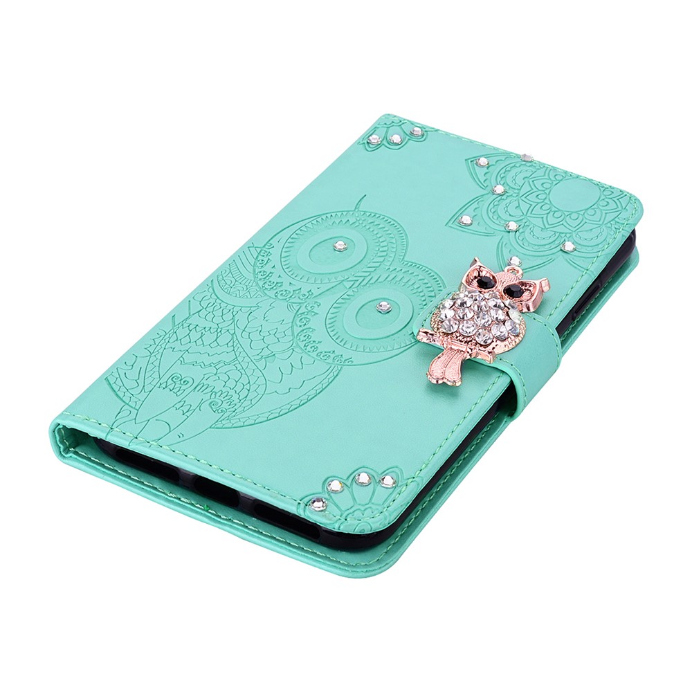 Owl Imprint Rhinestone Decor Leather Phone Cover for iPhone 12 Max/12 Pro 6.1 inch - Green-6