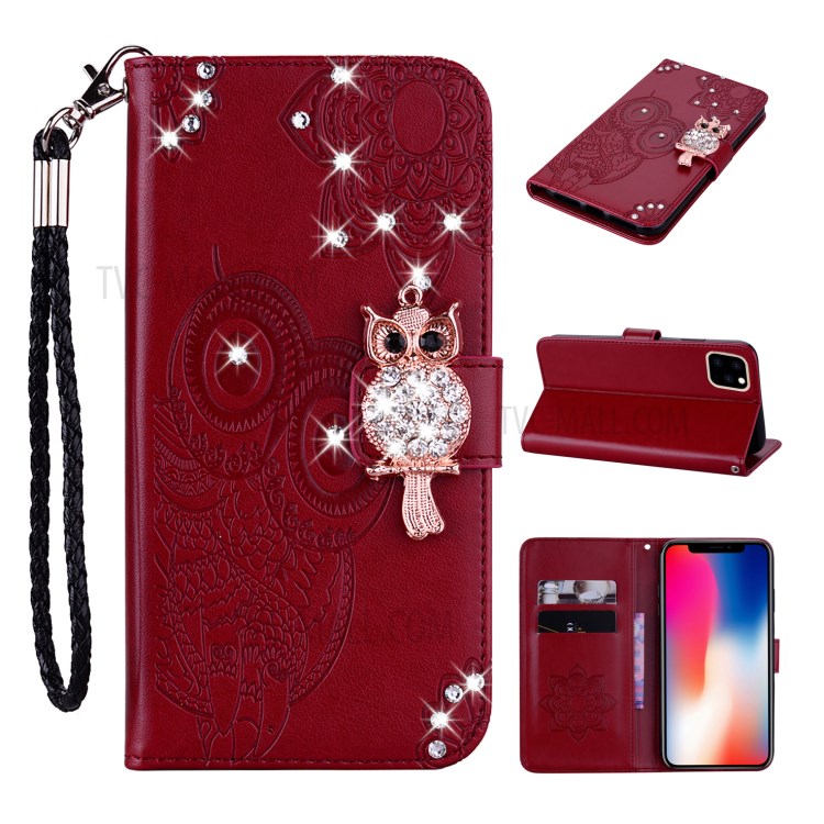 Owl Imprint Rhinestone Decor Leather Phone Cover for iPhone 12 Pro/12 - Red-1