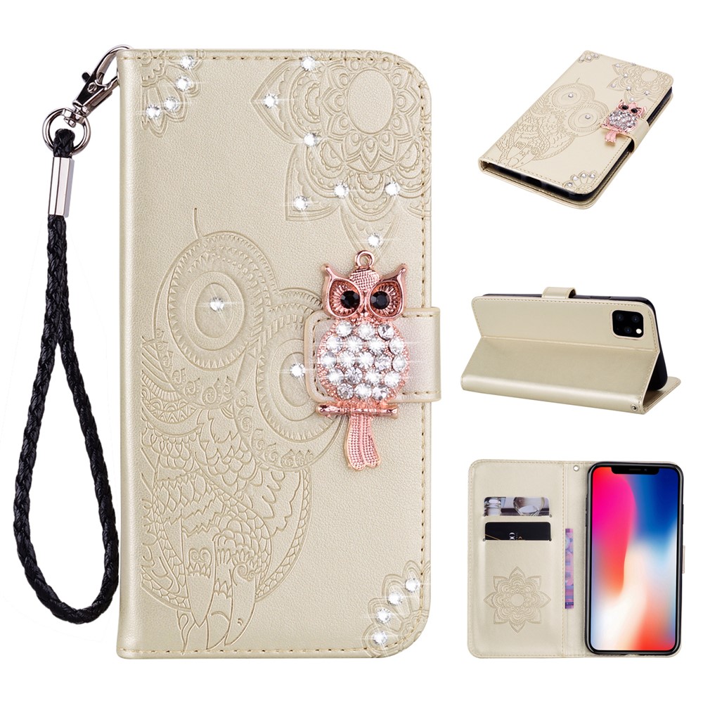Owl Imprint Rhinestone Decor Leather Phone Cover for iPhone 12 Pro/12 - Gold-1