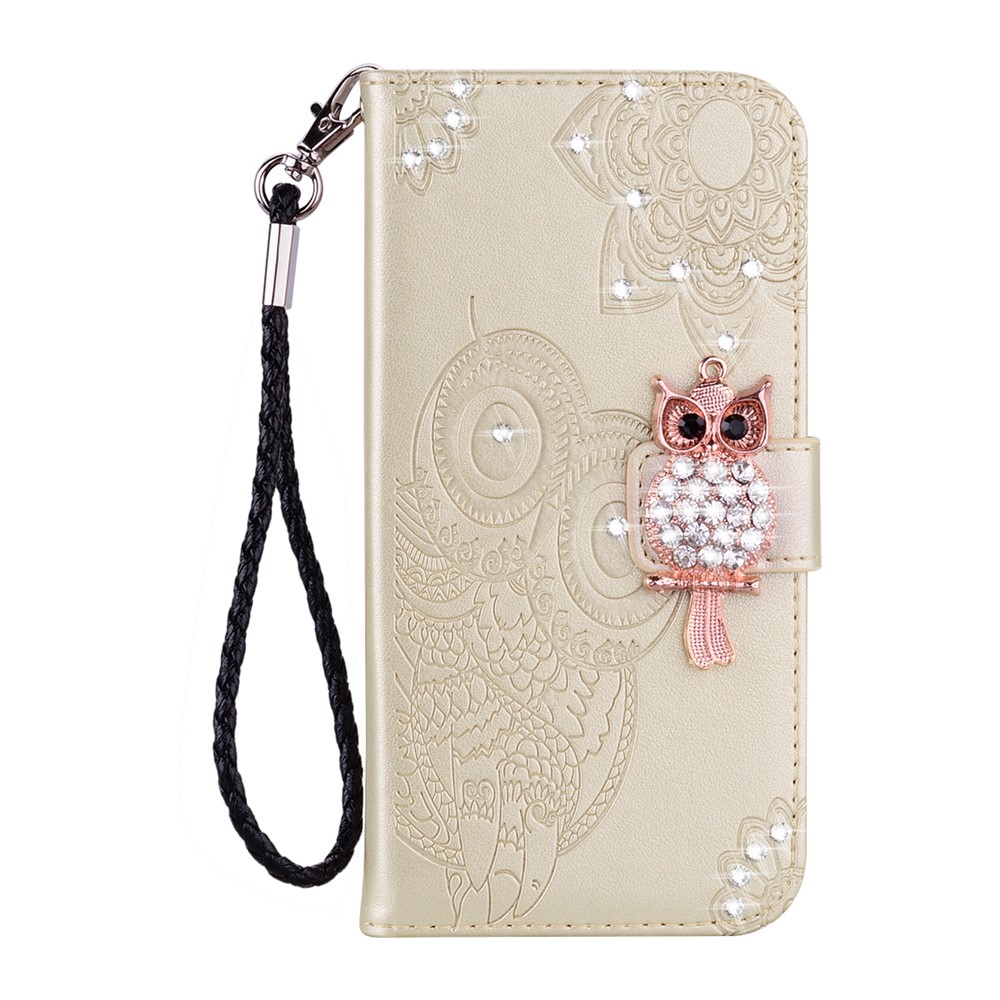 Owl Imprint Rhinestone Decor Leather Phone Cover for iPhone 12 Pro/12 - Gold-2