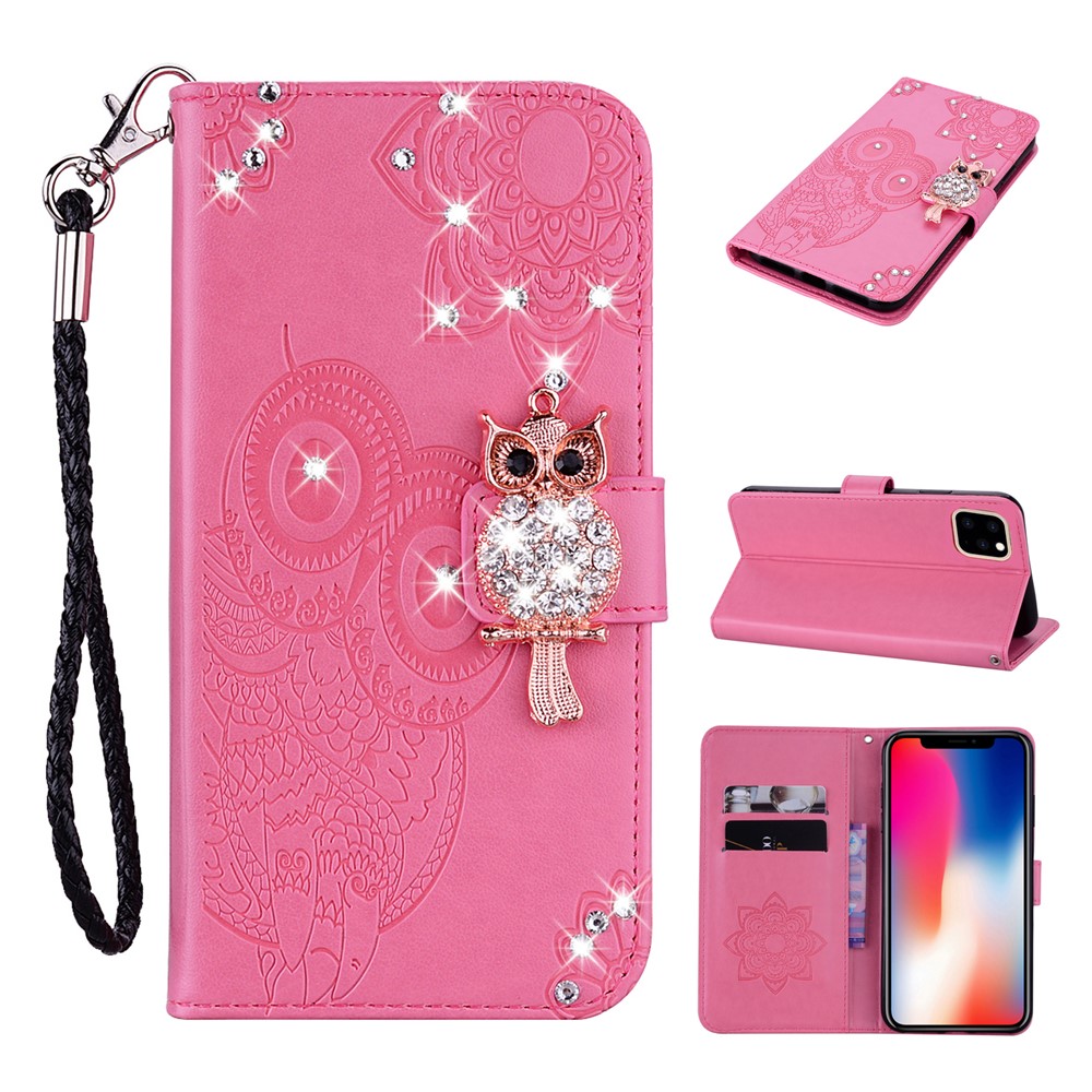 Owl Imprint Rhinestone Decor Leather Phone Cover for iPhone 12 Pro/12 - Pink-1