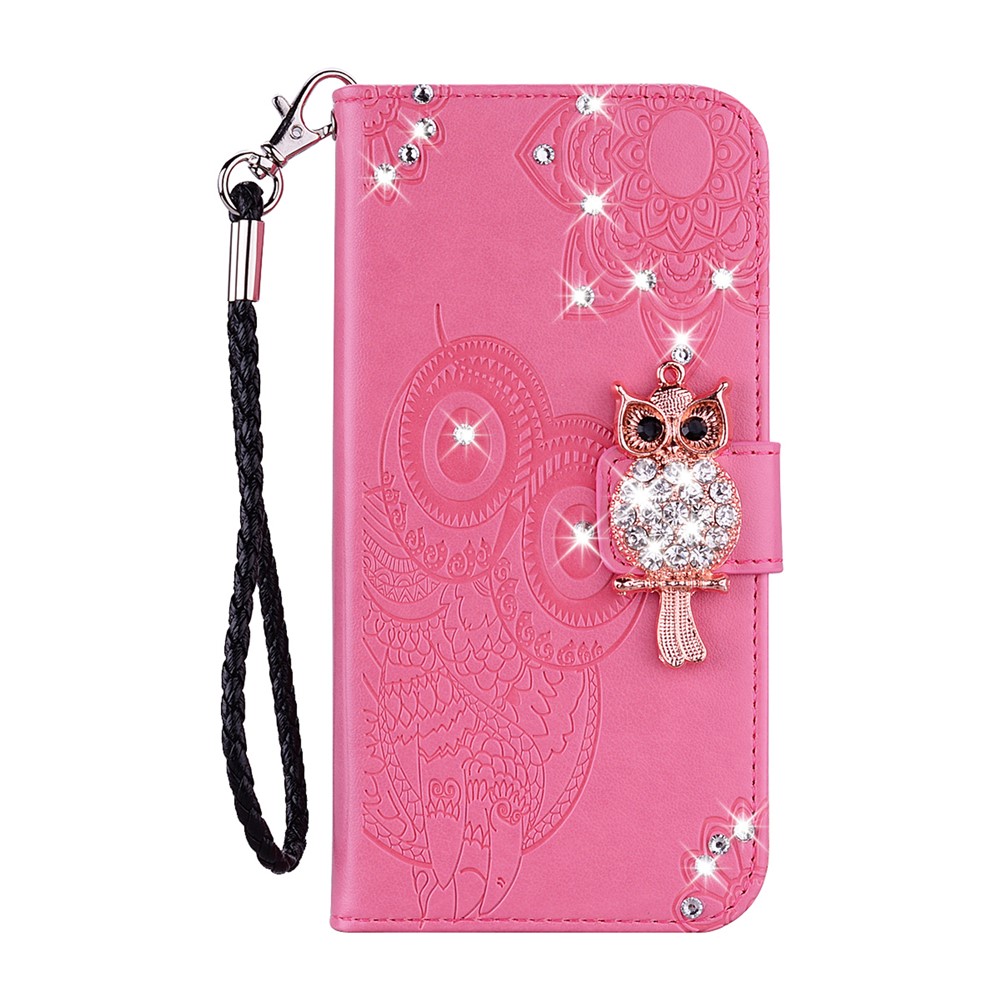 Owl Imprint Rhinestone Decor Leather Phone Cover for iPhone 12 Pro/12 - Pink-2