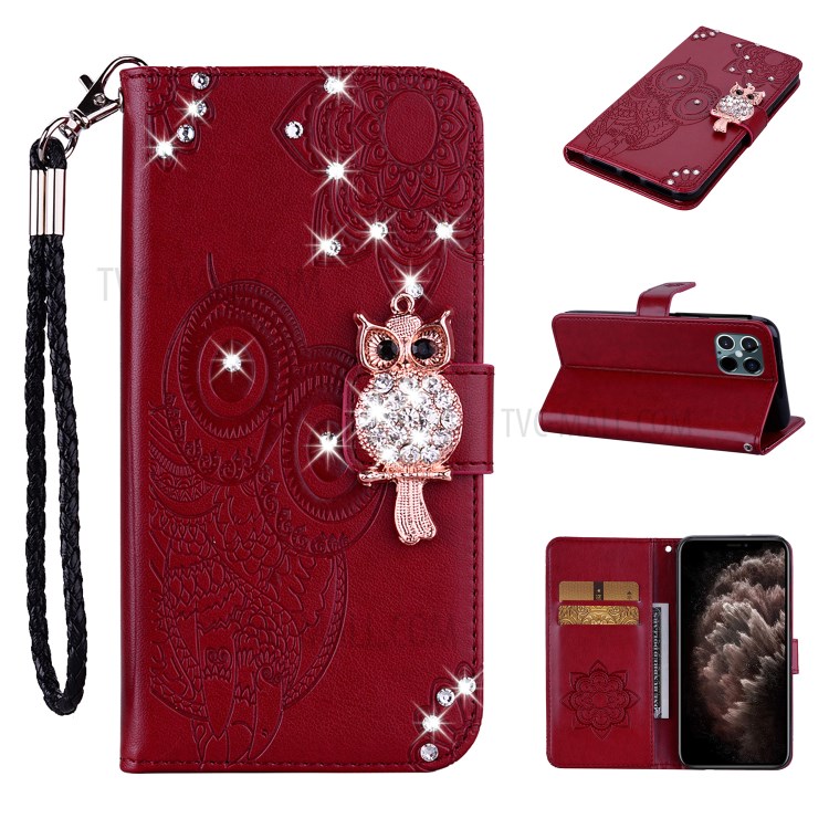 Owl Imprint Rhinestone Decor Leather Phone Case for iPhone 12 Pro Max 6.7 inch - Red-1