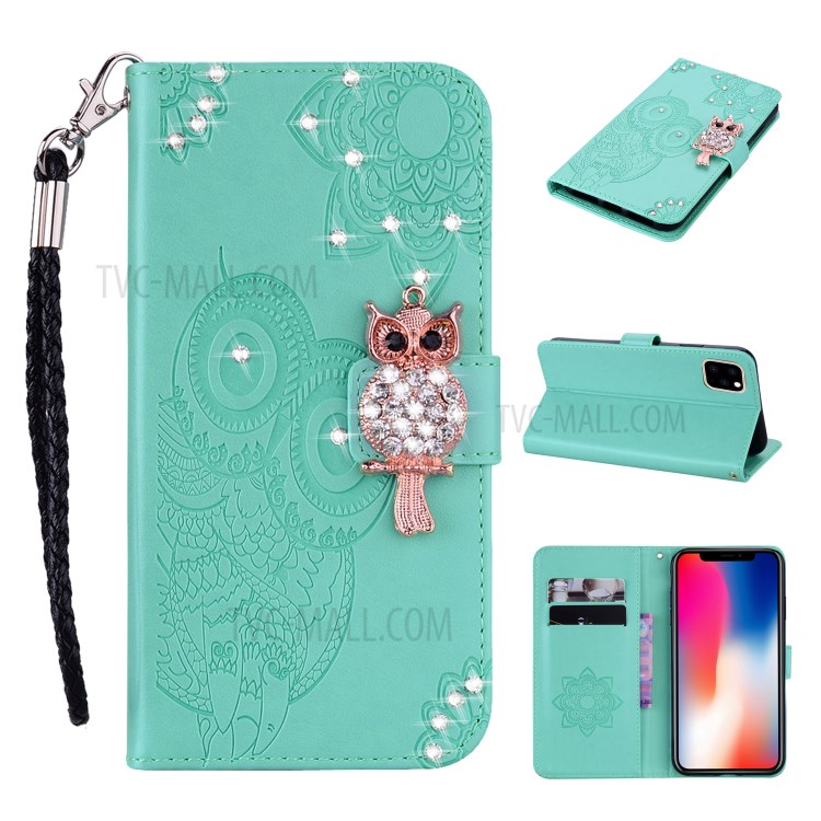 Owl Imprint Rhinestone Decor Leather Phone Shell for iPhone 12 5.4 inch - Green-1