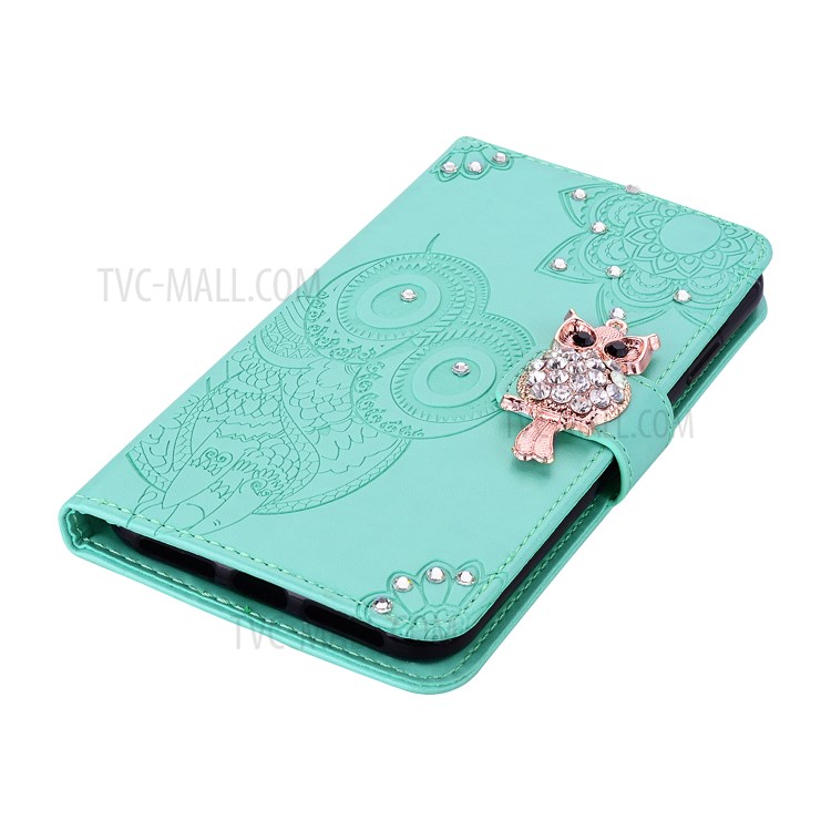 Owl Imprint Rhinestone Decor Leather Phone Shell for iPhone 12 5.4 inch - Green-6