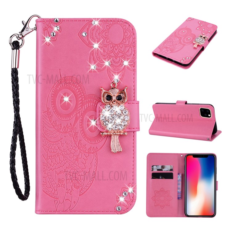 Owl Imprint Rhinestone Decor Leather Phone Shell for iPhone 12 mini - Pink-1
