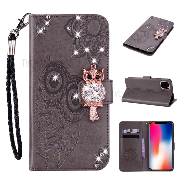 Owl Imprint Rhinestone Decor Leather Phone Shell for iPhone 12 mini - Brown-1