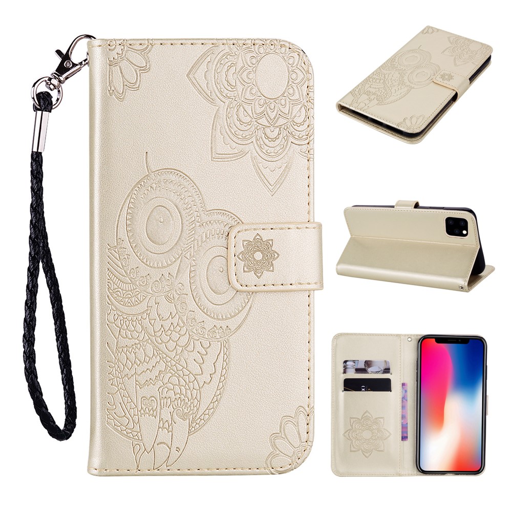 Imprint Owl Flower Leather Wallet Stand Shell for iPhone 12 Pro / iPhone 12 Max 6.1-inch - Gold-1
