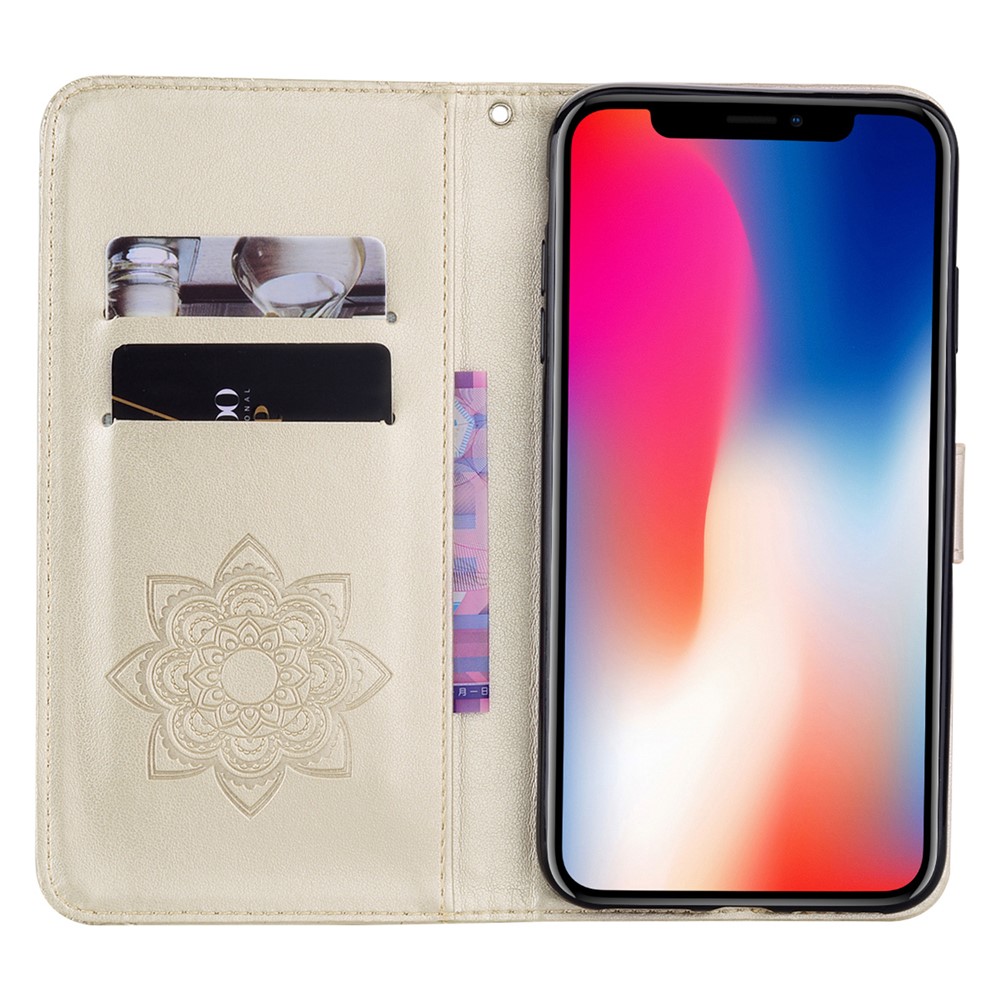 Imprint Owl Flower Leather Wallet Stand Shell for iPhone 12 Pro / iPhone 12 Max 6.1-inch - Gold-6