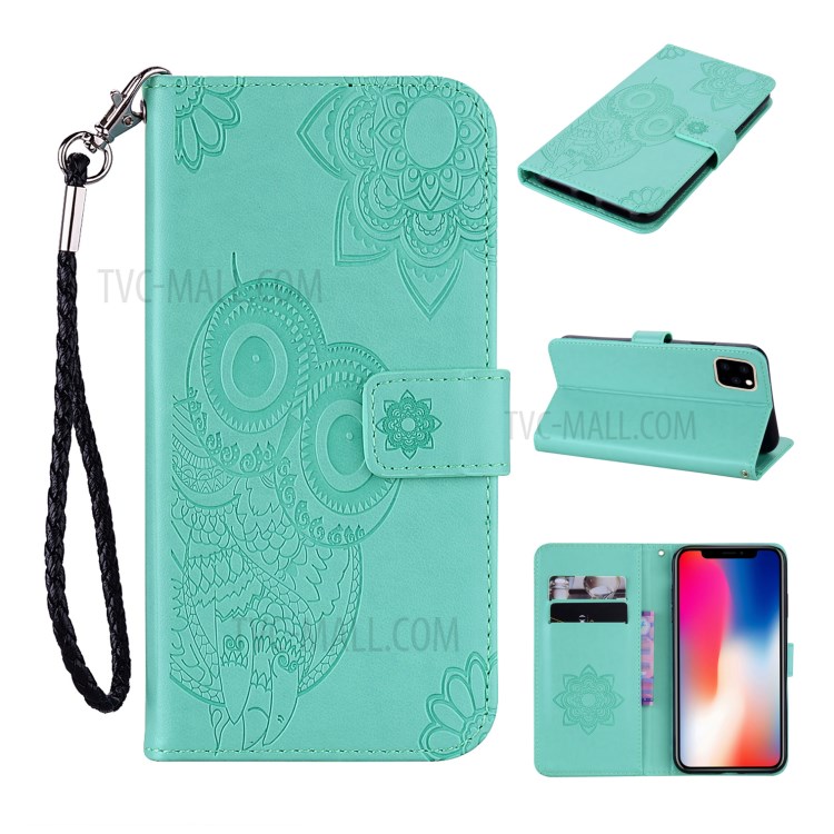 Imprint Owl Flower Leather Wallet Stand Shell for iPhone 12 Pro/12 - Cyan-1