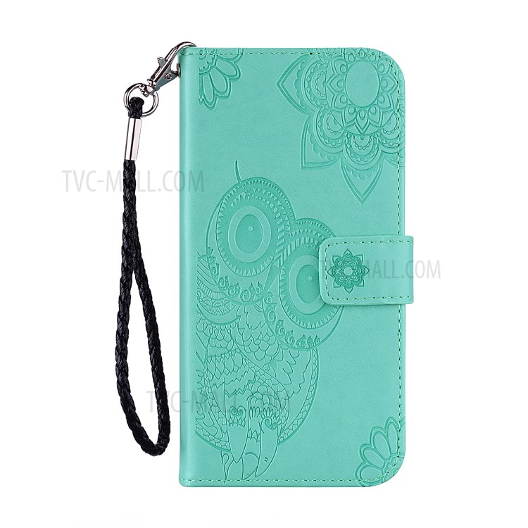 Imprint Owl Flower Leather Wallet Stand Shell for iPhone 12 Pro/12 - Cyan-2