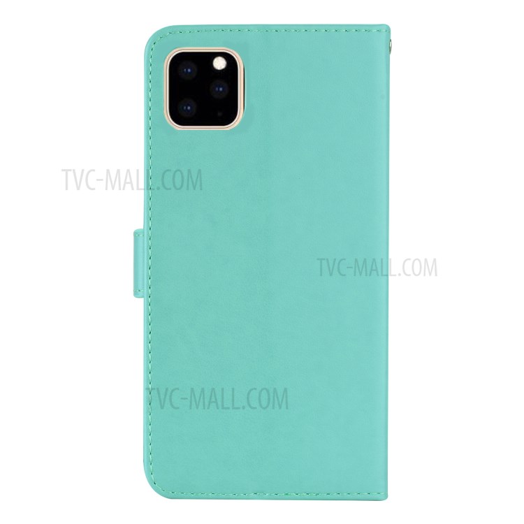 Imprint Owl Flower Leather Wallet Stand Shell for iPhone 12 Pro/12 - Cyan-3