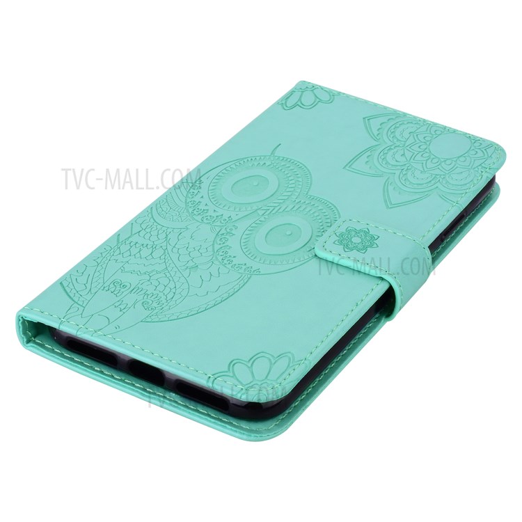 Imprint Owl Flower Leather Wallet Stand Shell for iPhone 12 Pro/12 - Cyan-4