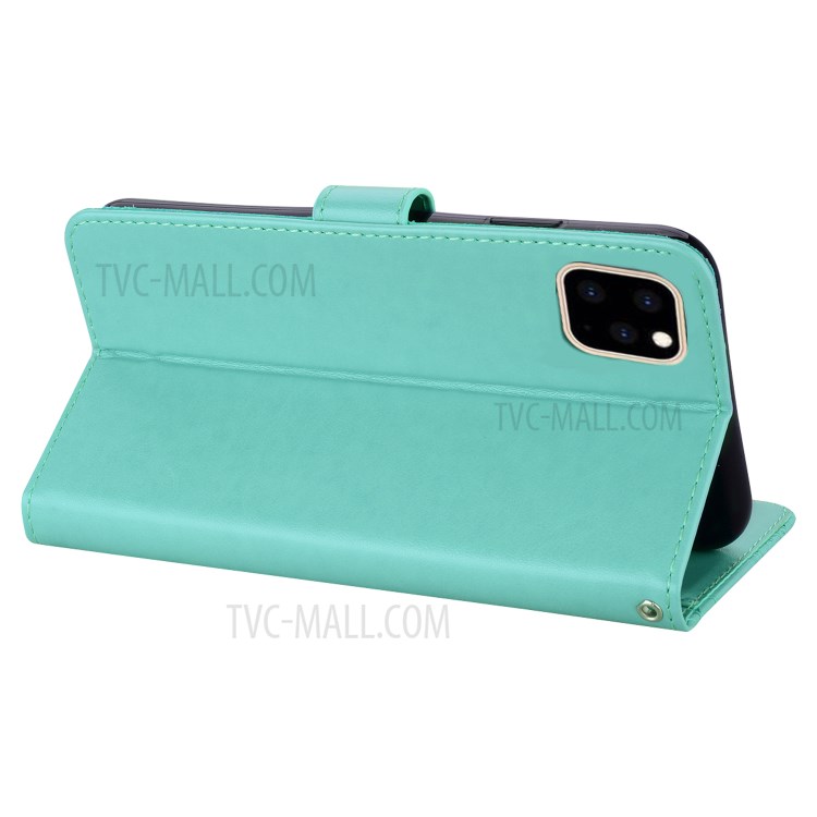 Imprint Owl Flower Leather Wallet Stand Shell for iPhone 12 Pro/12 - Cyan-5