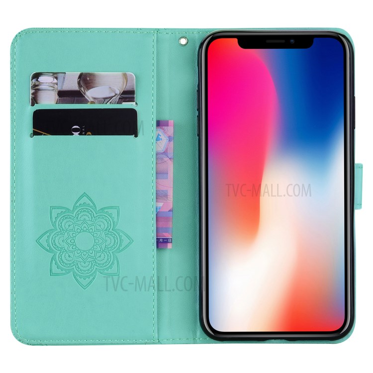 Imprint Owl Flower Leather Wallet Stand Shell for iPhone 12 Pro/12 - Cyan-6