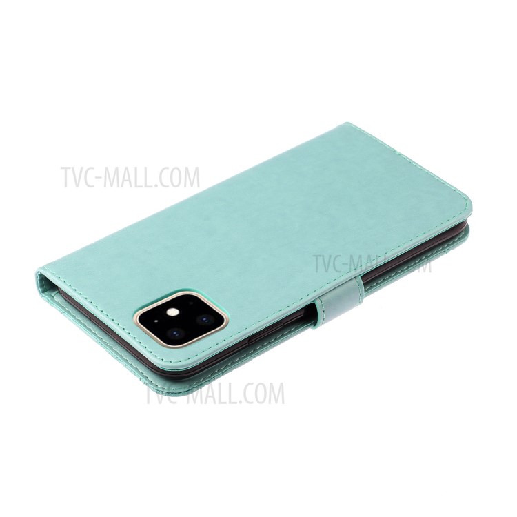 Imprint Owl Flower Leather Wallet Stand Shell for iPhone 12 Pro/12 - Cyan-7