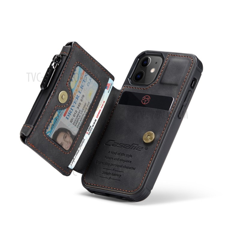 CASEME C20 Series Zippered Card Slots Wallet Leather Case for iPhone 12 5.4 inch - Black-5