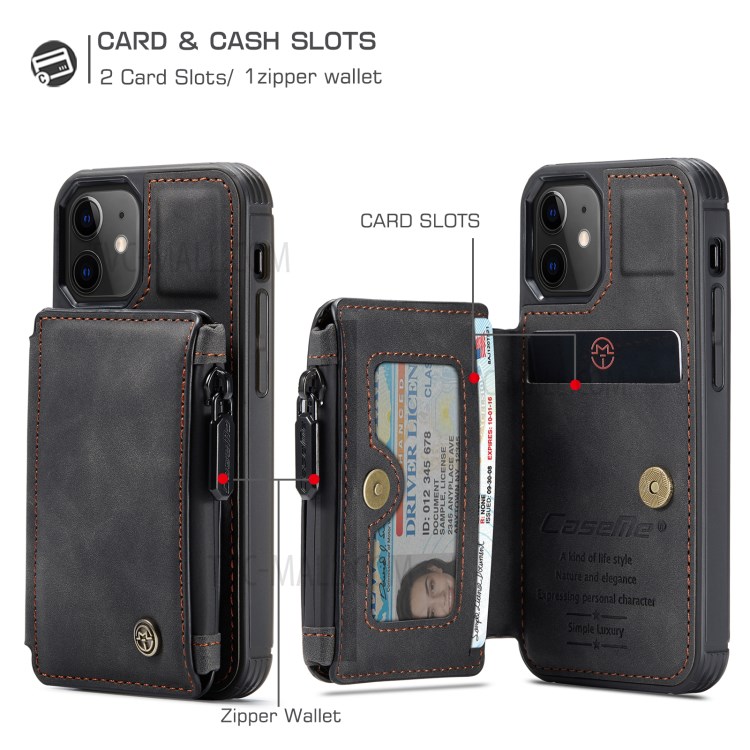 CASEME C20 Series Zippered Card Slots Wallet Leather Case for iPhone 12 mini - Black-6