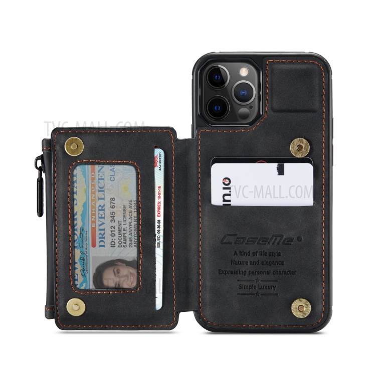 CASEME C20 Series Zippered Card Slots Wallet Leather Phone Cover for iPhone 12 Pro Max 6.7 inch - Black-11