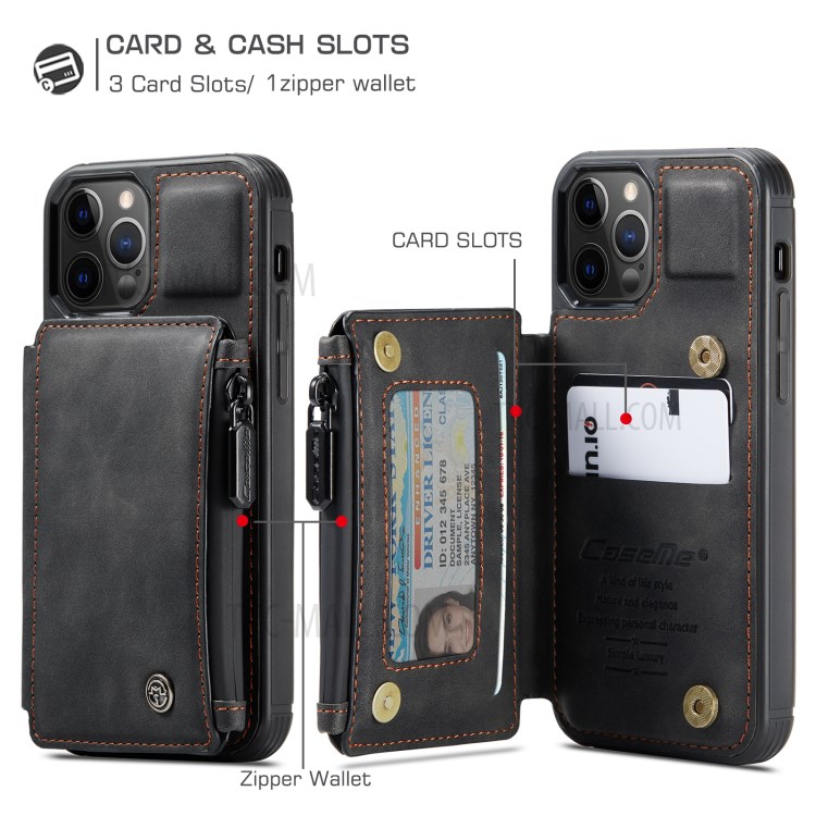 CASEME C20 Series Zippered Card Slots Wallet Leather Phone Cover for iPhone 12 Pro Max 6.7 inch - Black-4