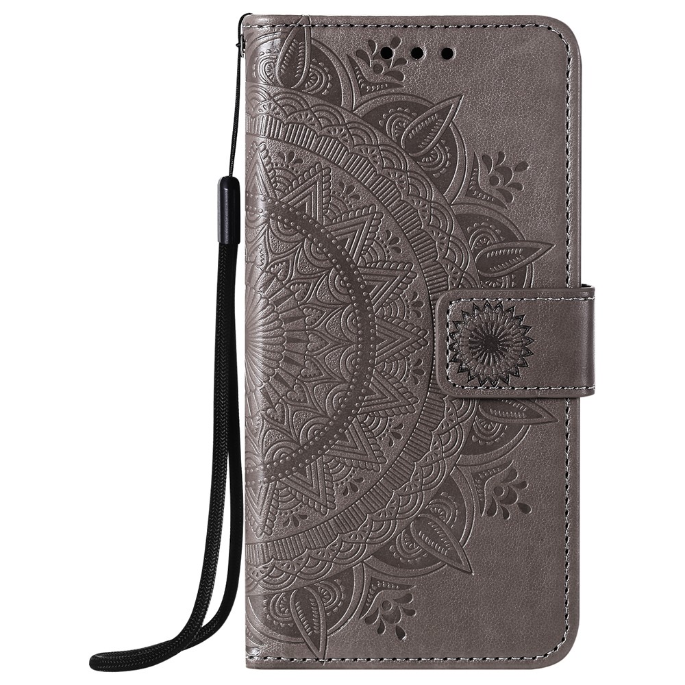 Imprinted Mandala Flower Wallet Leather Flip Cover with Strap for iPhone 12 Pro Max 6.7 inch - Grey-3