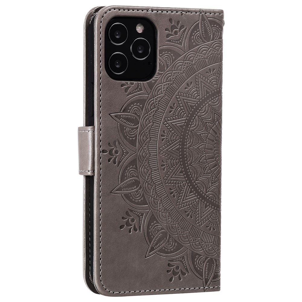 Imprinted Mandala Flower Wallet Leather Flip Cover with Strap for iPhone 12 Pro Max 6.7 inch - Grey-7