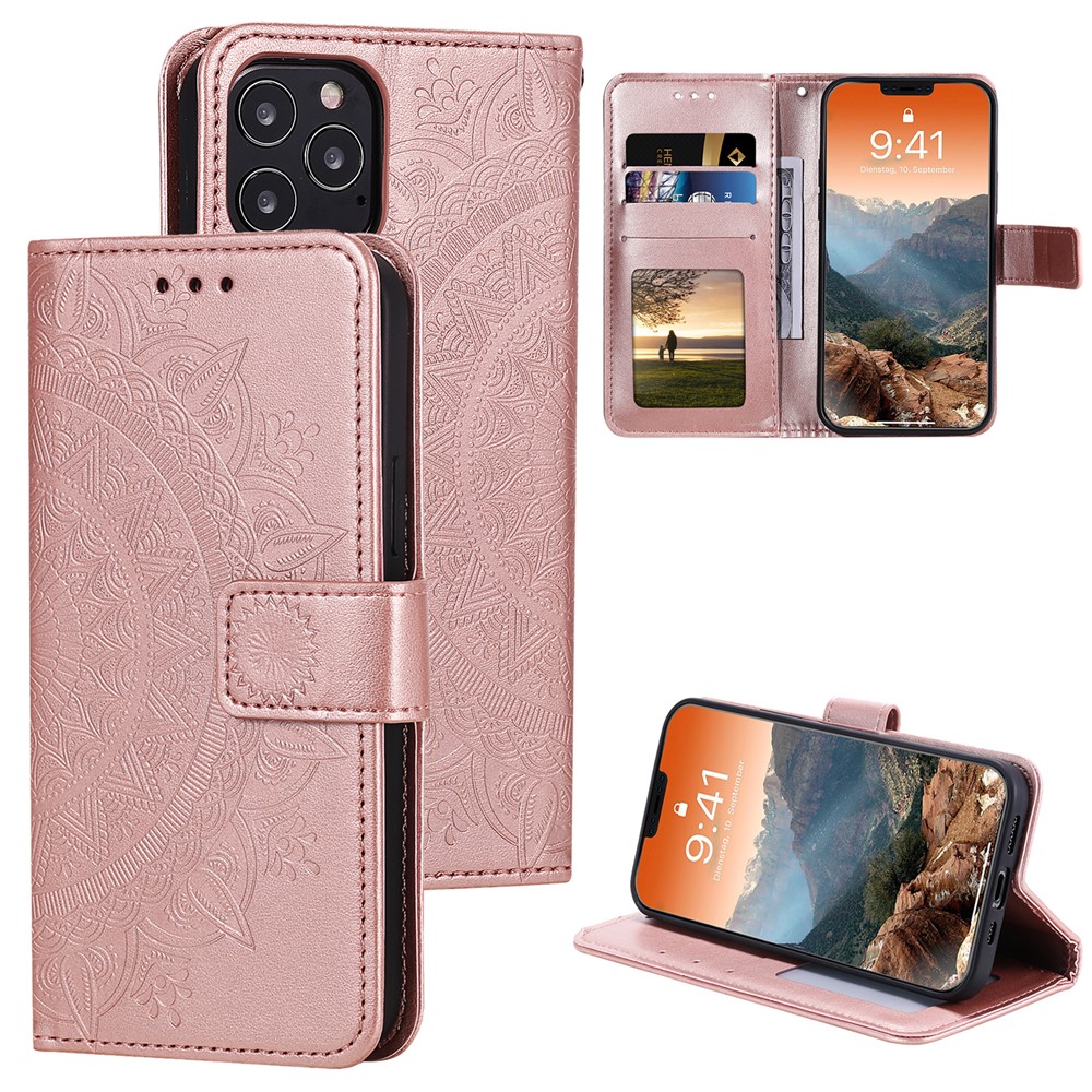 Imprinted Mandala Flower Wallet Leather Flip Cover with Strap for iPhone 12 Pro Max 6.7 inch - Rose Gold-1