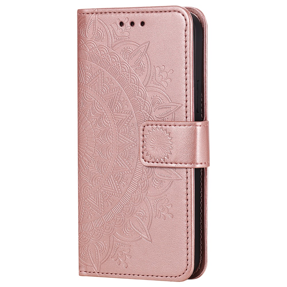 Imprinted Mandala Flower Wallet Leather Flip Cover with Strap for iPhone 12 Pro Max 6.7 inch - Rose Gold-5