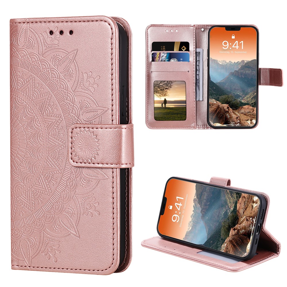 Imprinted Mandala Flower Wallet Leather Flip Cover with Strap for iPhone 12 Pro Max 6.7 inch - Rose Gold-9