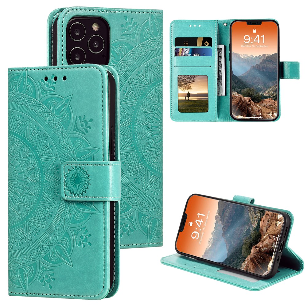 Imprinted Mandala Flower Wallet Leather Flip Cover with Strap for iPhone 12 Pro Max 6.7 inch - Cyan-1