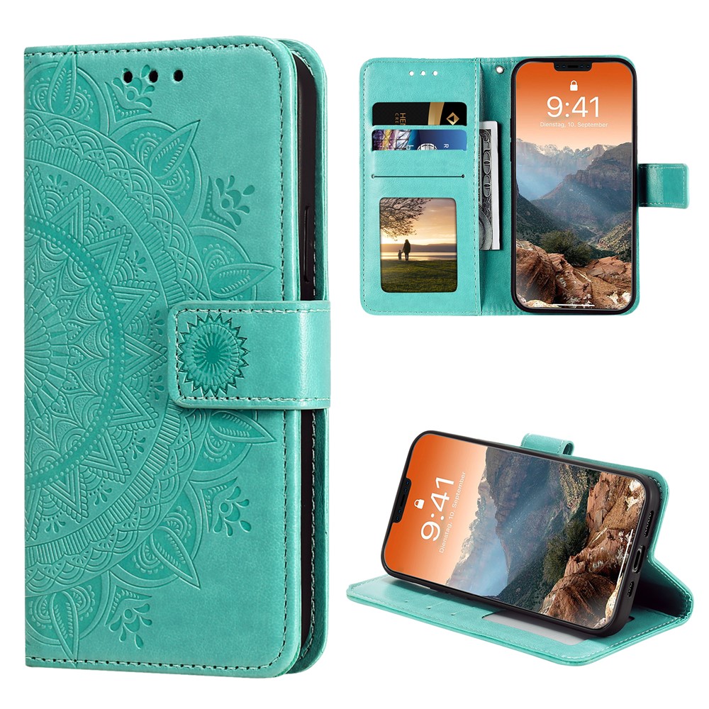 Imprinted Mandala Flower Wallet Leather Flip Cover with Strap for iPhone 12 Pro Max 6.7 inch - Cyan-2
