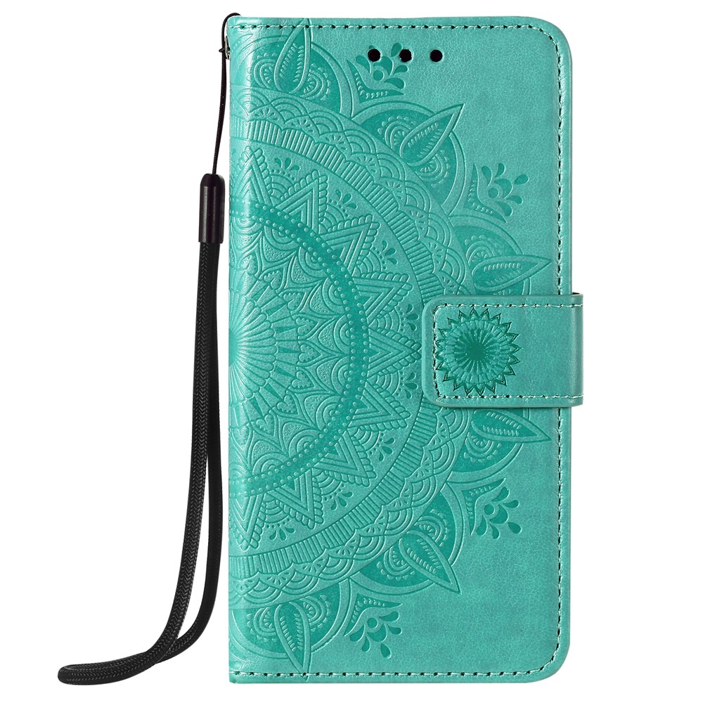 Imprinted Mandala Flower Wallet Leather Flip Cover with Strap for iPhone 12 Pro Max 6.7 inch - Cyan-3