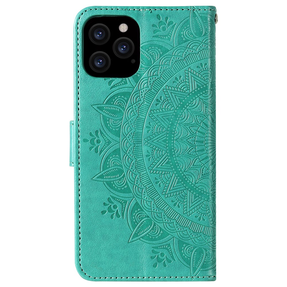 Imprinted Mandala Flower Wallet Leather Flip Cover with Strap for iPhone 12 Pro Max 6.7 inch - Cyan-4