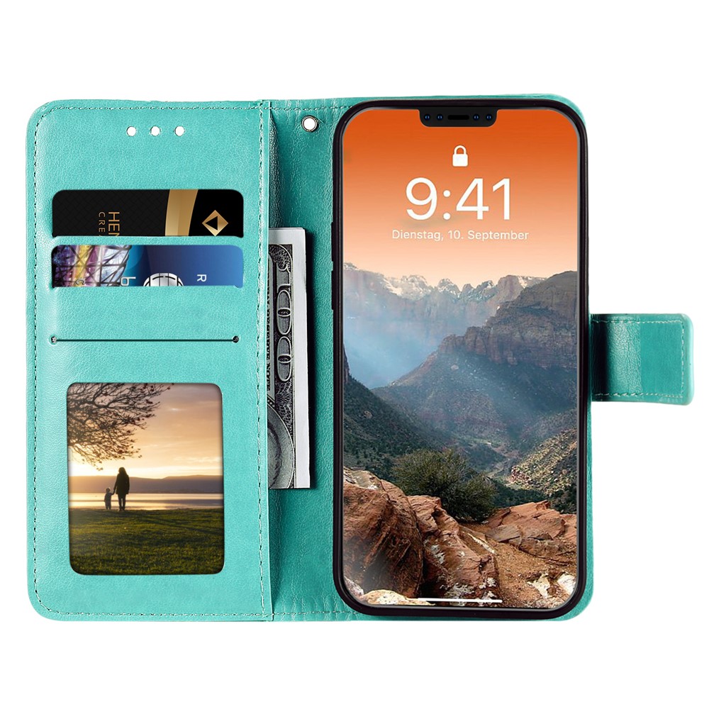 Imprinted Mandala Flower Wallet Leather Flip Cover with Strap for iPhone 12 Pro Max 6.7 inch - Cyan-5