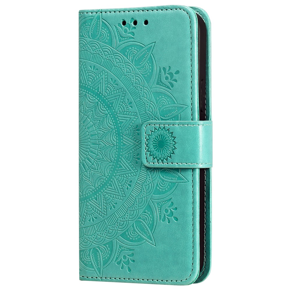 Imprinted Mandala Flower Wallet Leather Flip Cover with Strap for iPhone 12 Pro Max 6.7 inch - Cyan-6